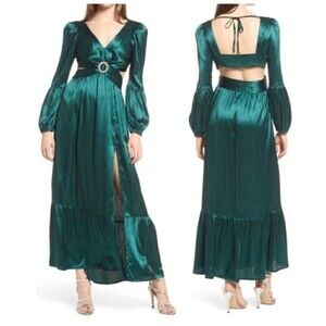 Rahi Leila Luster Long Sleeve Midi Dress Green Satiny Ruffle Hem Size L NWOT